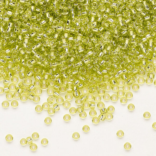 Seed bead, Miyuki, glass, pkg/25g, #11 rocaille, transparent silver-lined chartreuse (RR-14). image number 0
