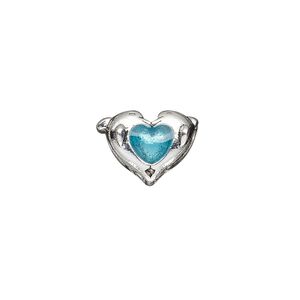 Bead, Dione®, glass and antique silver-plated pewter (tin-based alloy), blue, 16x11mm double-sided double dolphin with heart. Sold individually.