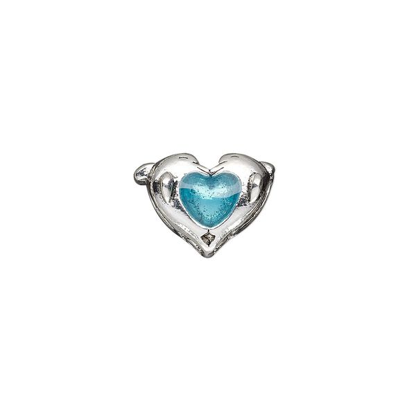 Bead, Dione®, glass and antique silver-plated pewter (tin-based alloy), blue, 16x11mm double-sided double dolphin with heart. Sold individually. image number 0