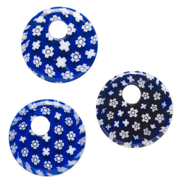 Component, millefiori glass, translucent multicolored, 24-26mm undrilled go-go with flower design. Sold per pkg of 3. image number 0