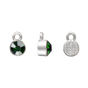 Drop, silver-finished "pewter" (zinc-based alloy) and glass rhinestone, emerald green, 8mm faceted round, May birthstone. Sold per pkg of 4.