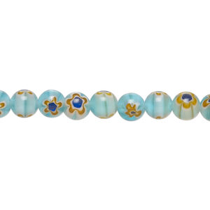 Bead, millefiori glass 1pkg1, translucent dark cobalt blue and multicolored, 6mm round, 15 inches.