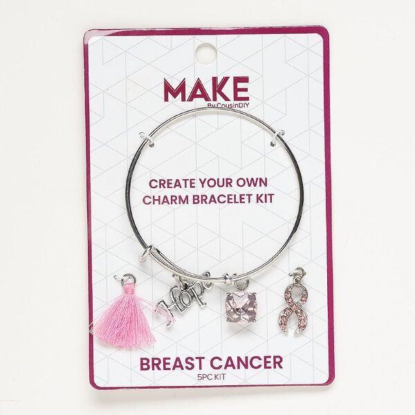 Bracelet and charm assortment, antique silver-finished brass / glass / fabric, pink, Breast Cancer theme, 7-1/2 inches. Sold per 5-piece set. image number 0