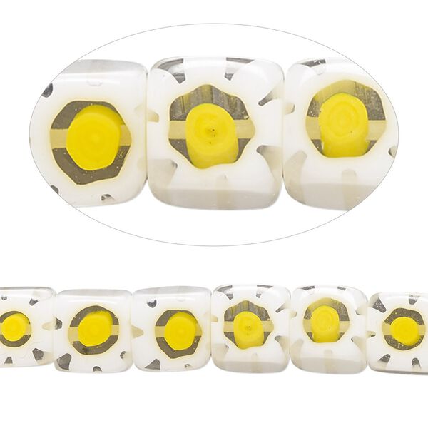 Bead, millefiori glass, opaque to transparent white / clear / yellow, 8mm cube with 0.6-0.8mm hole. Sold per 15-inch strand. image number 0