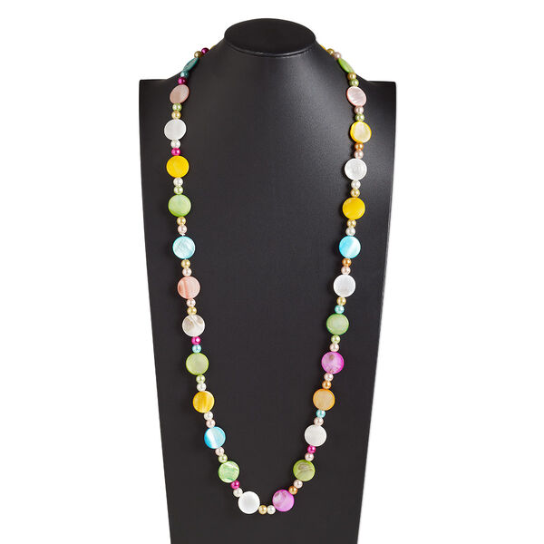 Necklace, glass pearl and mother-of-pearl shell (dyed), multicolored, 20mm flat round and 8mm round, 44-inch continuous loop. Sold individually. image number 0