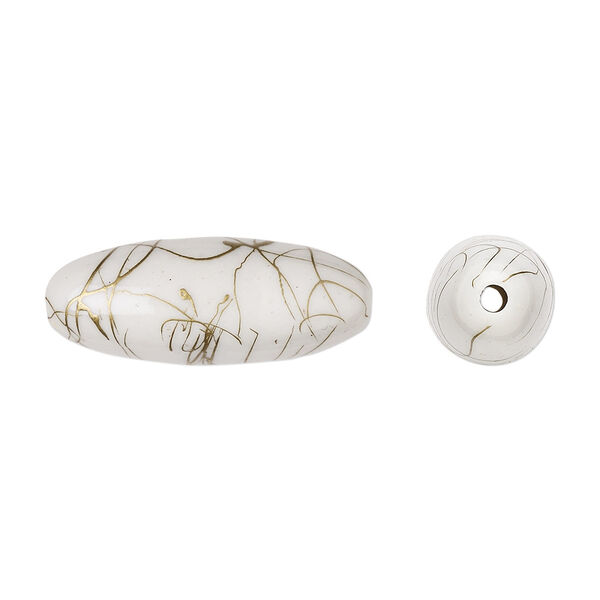 Bead, acrylic, white and gold, 32x12mm oval with swirls. Sold per pkg of 30. image number 0