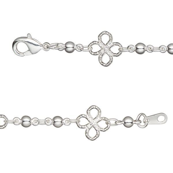 Chain, silver-plated brass, 8mm clover with 3mm bead, 18 inches with lobster claw clasp. Sold individually. image number 0