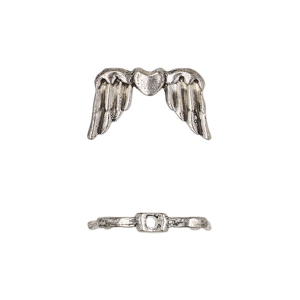 Bead, antique silver-finished "pewter" (zinc-based alloy), 18x11mm wing with heart. Sold per pkg of 10. image number 0
