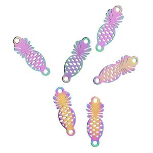 Link, electro-coated stainless steel, rainbow, 15.5x7.5mm double-sided pineapple. Sold per pkg of 6.