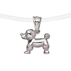 Pendant, Preciosa Czech glass rhinestone and silver-plated pewter (tin-based alloy), pink, 18x15mm poodle. Sold individually.