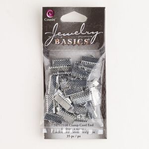 Ribbon crimp end, steel, pkg/35, silver finish, 13x6mm textured rectangle.