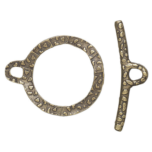 Clasp, toggle, antique gold-finished brass, 26mm double-sided hammered wavy open round. Sold per pkg of 2. image number 0