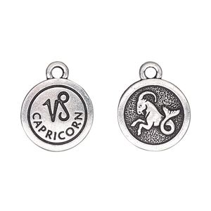 Charm, TierraCast®, antique silver-plated pewter (tin-based alloy), 15mm two-sided flat round with Capricorn zodiac sign and symbol. Sold per pkg of 2.