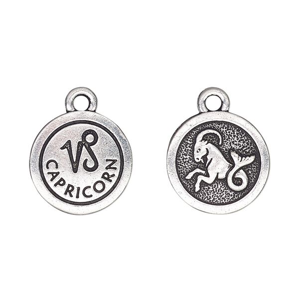Charm, TierraCast®, antique silver-plated pewter (tin-based alloy), 15mm two-sided flat round with Capricorn zodiac sign and symbol. Sold per pkg of 2. image number 0