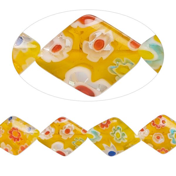 Bead, millefiori glass, translucent orange and multicolored, 13x10mm-14x10mm puffed diamond. Sold per 15-inch strand, approximately 35 beads. image number 0