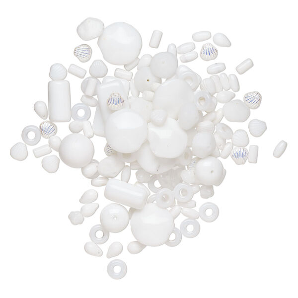 Bead mix, Czech pressed glass, iridescent translucent and opaque white, 4-35x8mm mixed shapes. Sold per 4-ounce pkg, approximately 455 beads. image number 0