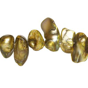 Pearl, cultured freshwater (dyed), green-gold, 11x6mm-25x10mm baroque with 0.4mm hole, D grade, Mohs hardness 2-1/2 to 4. Sold per 15-inch strand.