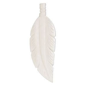 Focal, camel bone (bleached), white, 66x20mm side-drilled double-sided feather, Mohs hardness 2-1/2. Sold individually.