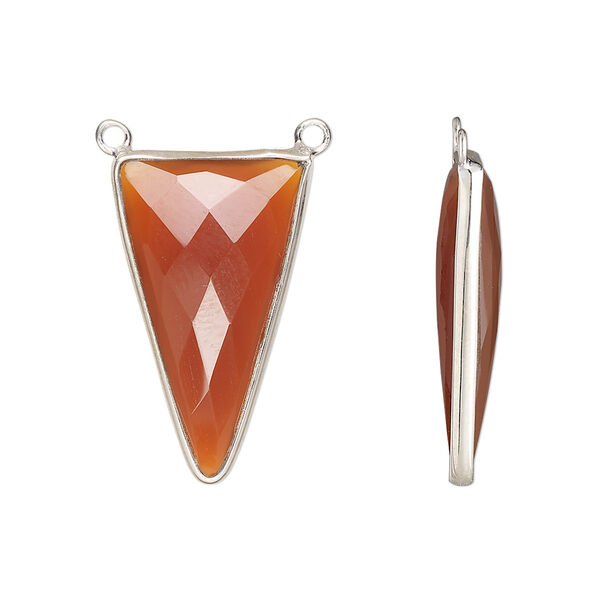 Connector, sterling silver and carnelian (dyed / heated), 25x15mm hand-cut double-sided faceted triangle with 2 closed loops, Mohs hardness 6-1/2 to 7. Sold individually. image number 0