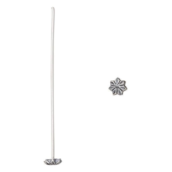 Head pin, antiqued sterling silver, 2-inches long with 6mm flower, 20 gauge. Sold per pkg 4. image number 0
