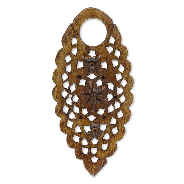 Focal, bone (dyed), brown, 52x26mm single-sided carved fancy teardrop, Mohs hardness 2-1/2. Sold per pkg of 2. image number 0