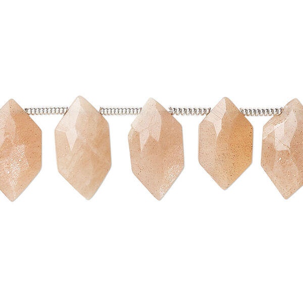 Bead, peach moonstone (natural), hand-cut 13x7mm side-drilled faceted puffed hexagon, B grade, Mohs hardness 6 to 6-1/2. Sold per pkg of 22. image number 0