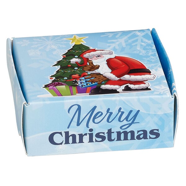 Box, paper, multicolored, 3x3x1-inch unassembled square with Santa Claus and Christmas tree. Sold per pkg of 10. image number 0