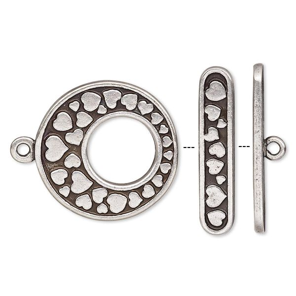 Clasp, toggle, antiqued silver-plated pewter (tin-based alloy), 24mm go-go with heart design. Sold individually. image number 0