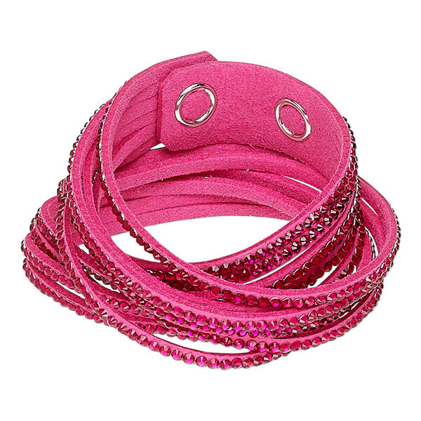 Bracelet, 6-strand wrap, acrylic rhinestone / faux suede / imitation rhodium-plated brass, hot pink and magenta, 19mm wide, adjustable at 6 and 6-1/2 inches with snap closure. Sold individually. image number 0