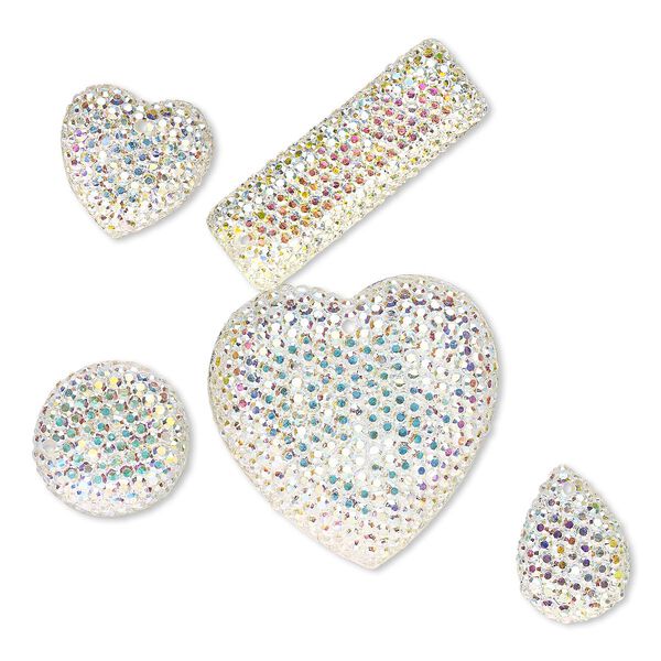 Focal and drop mix, resin and plastic rhinestone, clear and clear AB, foil back, 13x13mm-34x34mm mixed concave shape with flat back. Sold per pkg of 5. image number 0