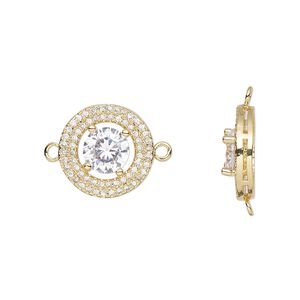 Link, cubic zirconia and gold-finished brass, clear, 14mm single-sided round. Sold individually.