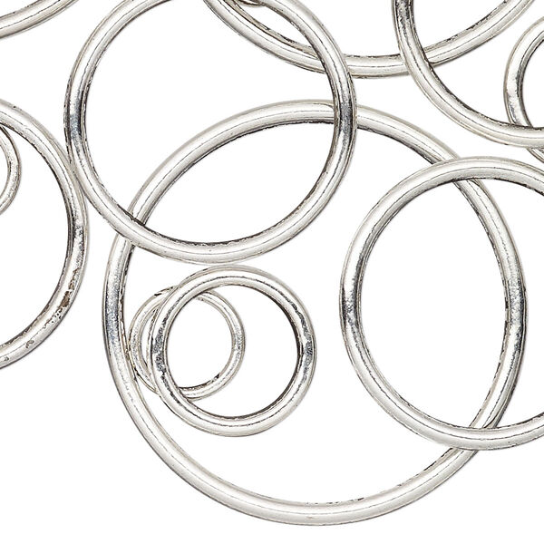 Jump ring, antique silver-plated "pewter" (zinc-based alloy), 8-35mm assorted soldered round, 4.7-30.8mm inside diameter, 12-15 gauge. Sold per pkg of 25. image number 0