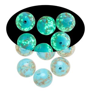 Bead, lampworked glass, clear / light blue / glow-in-the-dark / gold, 12mm round. Sold per pkg of 6.