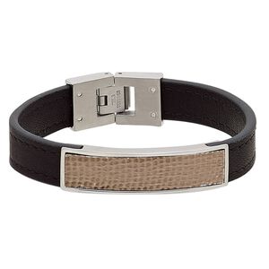 Bracelet, leather (dyed) with stainless steel and antiqued copper, black, 13mm wide with hammered design and 45x13mm curved rectangle, 6-1/2 inches with fold-over clasp. Sold individually.