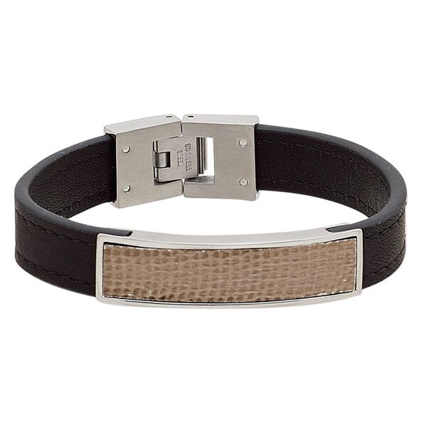 Bracelet, leather (dyed) with stainless steel and antiqued copper, black, 13mm wide with hammered design and 45x13mm curved rectangle, 6-1/2 inches with fold-over clasp. Sold individually. image number 0
