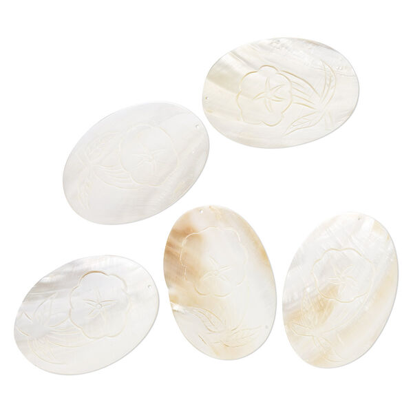 Focal, mother-of-pearl shell (natural), 64x45mm-68x47mm oval with carved flower design, Mohs hardness 3-1/2. Sold per pkg of 5. image number 0
