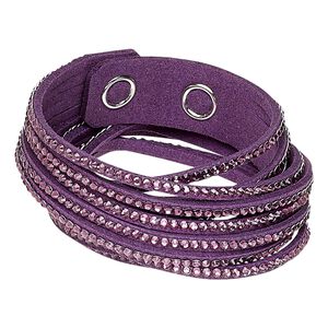 Bracelet, 6-strand wrap, acrylic rhinestone / faux suede / imitation rhodium-plated brass, purple and clear, 19mm wide, adjustable at 6 and 6-1/2 inches with snap closure. Sold individually.