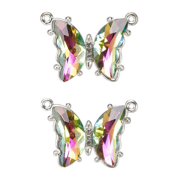 Connector, silver-finished brass, clear vitrail dark, 19x15mm butterfly with closed loop. Sold per pkg of 2. image number 0