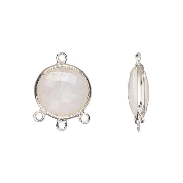 Drop, sterling silver and rainbow moonstone (natural), 14mm hand-cut double-sided faceted puffed flat round with 3 closed loops, Mohs hardness 6 to 6-1/2. Sold individually. image number 0