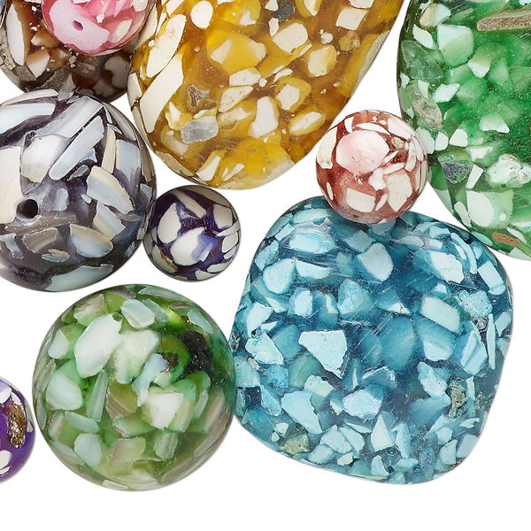 Bead, mother-of-pearl shell and resin (assembled), mixed colors, 8-40mm mixed shapes, Mohs hardness 3-1/2. Sold per 12-ounce pkg, approximately 55 beads. image number 0
