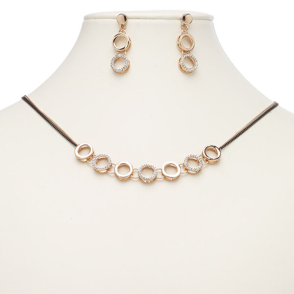 Necklace and earring set, crystals / rose gold-finished brass / "pewter" (zinc-based alloy) / antique brass-plated steel, crystal clear, 11mm open round, 18-inch necklace with 2-inch extender chain and lobster claw clasp, 37mm earrings with post. Sold per set. image number 0
