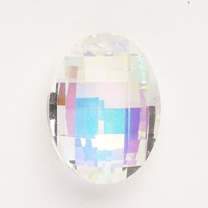 Focal cubic zirconia 1pk 32x24mm faceted puffed oval, translucent clear AB