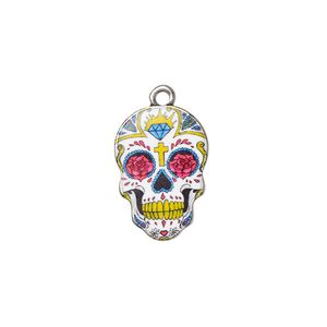 Charm, resin and antique silver-plated "pewter" (zinc-based alloy), white and multicolored, 19x13mm single-sided Dia de los Muertos skull with flower and diamond design. Sold individually.