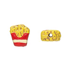 Bead, painted and glazed ceramic, multicolored, 12x11mm 3D fries. Sold per pkg of 2.
