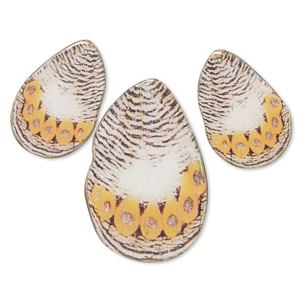 Focal, laminated resin and paper, brown / cream / orange, (1) 58x39mm and (2) 40x27mm double-sided butterfly wing. Sold per 3-piece set. image number 0