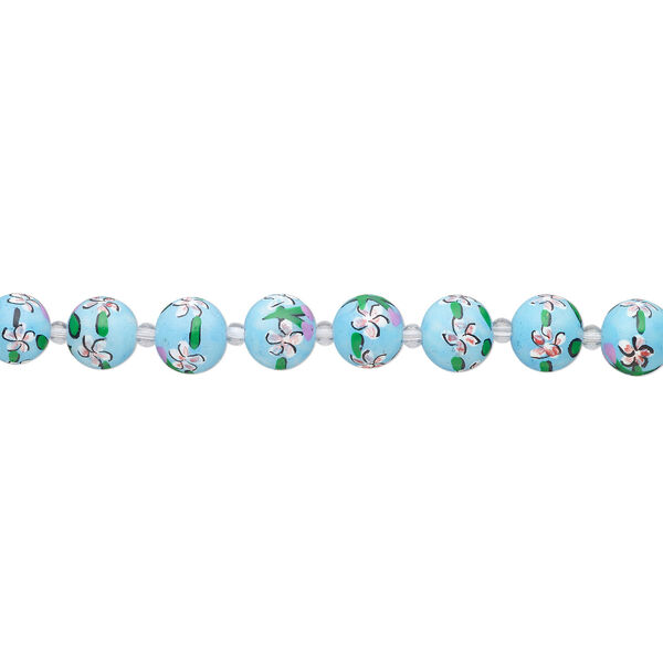 Bead, glass 1pkg8, multicolored, 14mm round with hand-painted flower and leaf. image number 1