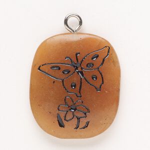 Focal, steel/red aventurine (natural)/enamel, pkg/1, silver finish and black, 30x24mm-39x27mm single-sided puffed freeform with butterfly and flower, B grade.