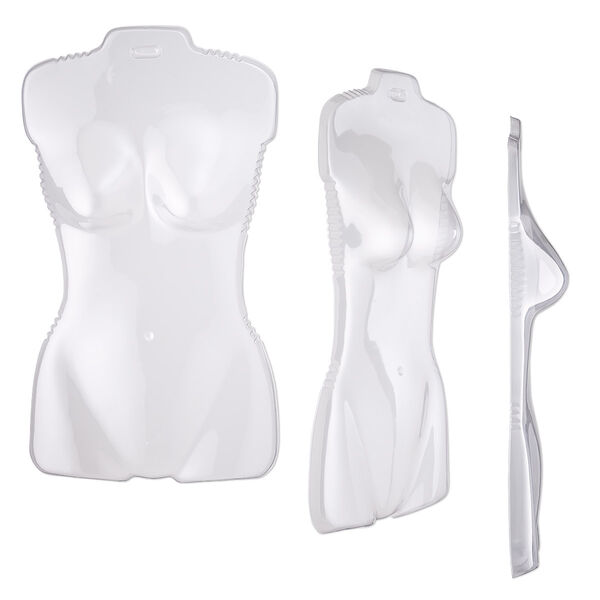 Display, acrylic, clear, 27 x 16 x 4-inch women's half torso with hanging tab. Sold per pkg of 3. image number 0