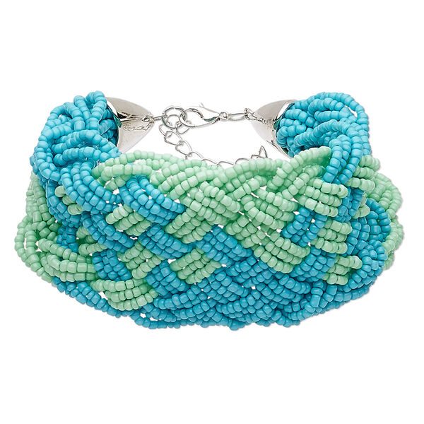 Bracelet, glass / silver-coated plastic / silver-plated steel / "pewter" (zinc-based alloy), turquoise blue and light green, 50mm wide with woven design, 7 inches with 1-3/4 inch extender chain and lobster claw clasp. Sold individually. image number 0