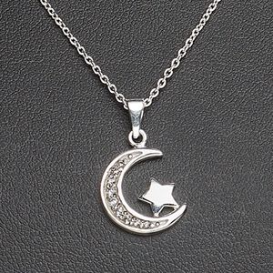 Necklace, Create Compliments®, cubic zirconia and sterling silver, clear, 14x11mm crescent moon with star, 18 inches with springring clasp. Sold individually.